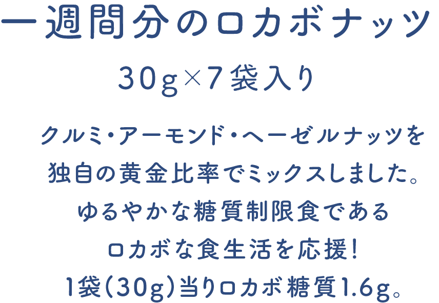 一週間分のロカボナッツ 30g×7袋入り クルミ・アーモンド・ヘーゼルナッツを独自の黄金比率でミックスしました。ゆるやかな糖質制限食であるロカボな食生活を応援！1袋(30g)当りロカボ糖質1.6g。