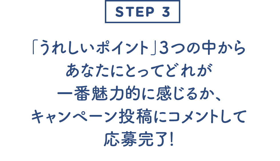 「うれしいポイント」①②③の中からあなたにとってどれが一番魅力的に感じるか、キャンペーン投稿にコメントして応募完了！